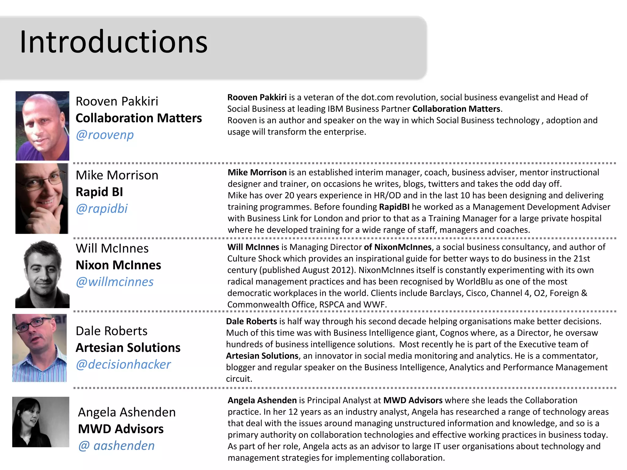 Introductions
                           Rooven Pakkiri is a veteran of the dot.com revolution, social business evangelist and Head of
   Rooven Pakkiri          Social Business at leading IBM Business Partner Collaboration Matters.
   Collaboration Matters   Rooven is an author and speaker on the way in which Social Business technology , adoption and
   @roovenp                usage will transform the enterprise.



   Mike Morrison           Mike Morrison is an established interim manager, coach, business adviser, mentor instructional
                           designer and trainer, on occasions he writes, blogs, twitters and takes the odd day off.
   Rapid BI                Mike has over 20 years experience in HR/OD and in the last 10 has been designing and delivering
   @rapidbi                training programmes. Before founding RapidBI he worked as a Management Development Adviser
                           with Business Link for London and prior to that as a Training Manager for a large private hospital
                           where he developed training for a wide range of staff, managers and coaches.

   Will McInnes            Will McInnes is Managing Director of NixonMcInnes, a social business consultancy, and author of
                           Culture Shock which provides an inspirational guide for better ways to do business in the 21st
   Nixon McInnes           century (published August 2012). NixonMcInnes itself is constantly experimenting with its own
   @willmcinnes            radical management practices and has been recognised by WorldBlu as one of the most
                           democratic workplaces in the world. Clients include Barclays, Cisco, Channel 4, O2, Foreign &
                           Commonwealth Office, RSPCA and WWF.
                           Dale Roberts is half way through his second decade helping organisations make better decisions.
   Dale Roberts            Much of this time was with Business Intelligence giant, Cognos where, as a Director, he oversaw
   Artesian Solutions      hundreds of business intelligence solutions. Most recently he is part of the Executive team of
                           Artesian Solutions, an innovator in social media monitoring and analytics. He is a commentator,
   @decisionhacker         blogger and regular speaker on the Business Intelligence, Analytics and Performance Management
                           circuit.

                           Angela Ashenden is Principal Analyst at MWD Advisors where she leads the Collaboration
    Angela Ashenden        practice. In her 12 years as an industry analyst, Angela has researched a range of technology areas
                           that deal with the issues around managing unstructured information and knowledge, and so is a
    MWD Advisors           primary authority on collaboration technologies and effective working practices in business today.
    @ aashenden            As part of her role, Angela acts as an advisor to large IT user organisations about technology and
                           management strategies for implementing collaboration.
 