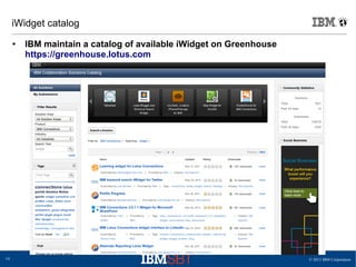 © 2013 IBM Corporation14
iWidget catalog
● IBM maintain a catalog of available iWidget on Greenhouse
https://greenhouse.lotus.com
 