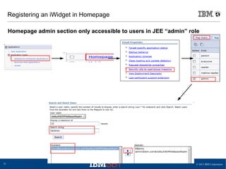 © 2013 IBM Corporation21
Registering an iWidget in Homepage
Homepage admin section only accessible to users in JEE “admin” role
 