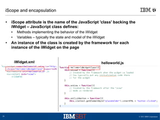 © 2013 IBM Corporation28
iScope and encapsulation
● iScope attribute is the name of the JavaScript 'class' backing the
iWidget – JavaScript class defines:
● Methods implementing the behavior of the iWidget
● Variables – typically the state and model of the iWidget
● An instance of the class is created by the framework for each
instance of the iWidget on the page
helloworld.jsiWidget.xml
 