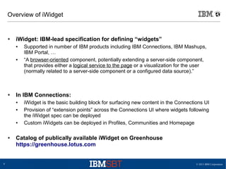 © 2013 IBM Corporation6
Overview of iWidget
● iWidget: IBM-lead specification for defining “widgets”
● Supported in number of IBM products including IBM Connections, IBM Mashups,
IBM Portal, …
● “A browser-oriented component, potentially extending a server-side component,
that provides either a logical service to the page or a visualization for the user
(normally related to a server-side component or a configured data source).”
● In IBM Connections:
● iWidget is the basic building block for surfacing new content in the Connections UI
● Provision of “extension points” across the Connections UI where widgets following
the iWidget spec can be deployed
● Custom iWidgets can be deployed in Profiles, Communities and Homepage
● Catalog of publically available iWidget on Greenhouse
https://greenhouse.lotus.com
 