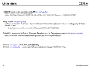 © 2013 IBM Corporation36
Links úteis
Folder Soluções de Segurança IBM (em português)
http://www.ibm.com/common/ssi/cgi-bin/ssialias?
subtype=BR&infotype=PM&appname=SWGE_WG_WG_BRPT&htmlfid=WGB03004BRPT&attachment=WGB03004BRPT.PDF
Tolly report (em português)
Avaliação Comparativa de Eficácia e Desempenho do Sistema de Prevenção contra Intrusão para Segurança de Redes
GX7800 da IBM
ftp://public.dhe.ibm.com/software/security/br/pdf/Tolly_report_IBM_IPS_GX7800_PORT.pdf
Relatório semestral X-Force Riscos e Tendências de Segurança (Março 2013) (em português)
https://www.ibm.com/services/forms/signup.do?source=swg-xforce13br
Website (em inglês) : www.ibm.com/security
Website (em português) : www.ibm.com/software/products/br/pt/category/SWI00?lnk=mhso
 