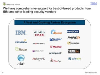 © 2014 IBM Corporation
IBM Security Services
21
We have comprehensive support for best-of-breed products from
IBM and other leading security vendors
A Vast and Growing Partner Ecosystem
 