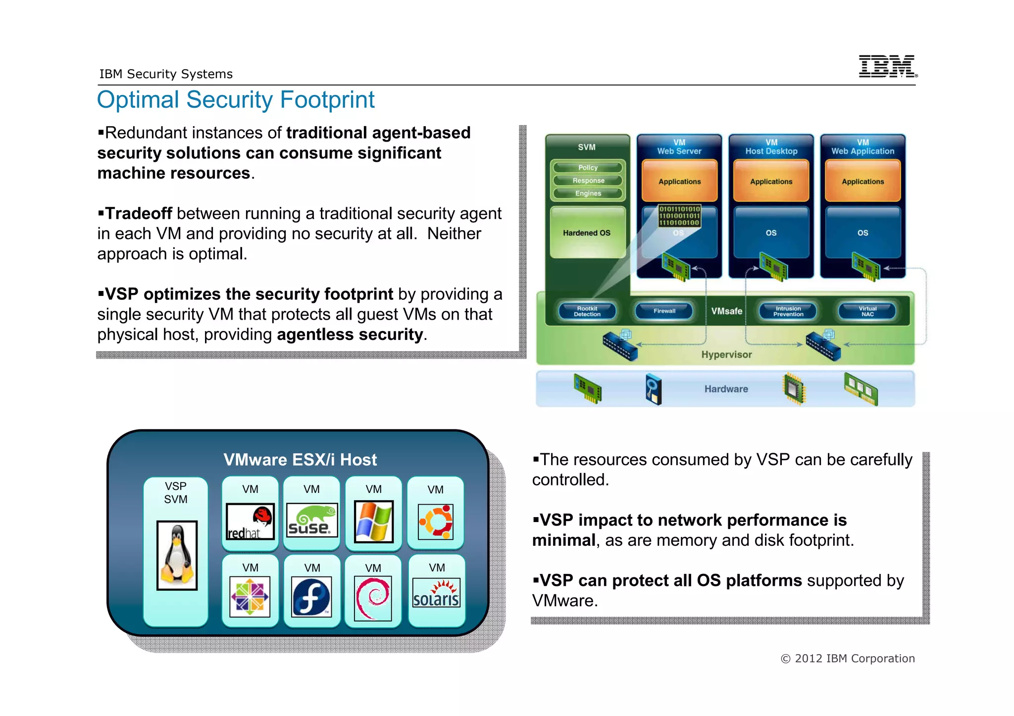 IBM Security Systems

Optimal Security Footprint
 Redundant instances of traditional agent-based
  Redundant instances of traditional agent-based
security solutions can consume significant
 security solutions can consume significant
machine resources.
 machine resources.
 Tradeoff between running aatraditional security agent
  Tradeoff between running traditional security agent
in each VM and providing no security at all. Neither
 in each VM and providing no security at all. Neither
approach is optimal.
 approach is optimal.
 VSP optimizes the security footprint by providing aa
  VSP optimizes the security footprint by providing
single security VM that protects all guest VMs on that
 single security VM that protects all guest VMs on that
physical host, providing agentless security.
 physical host, providing agentless security.




                  VMware ESX/i Host                        The resources consumed by VSP can be carefully
                                                            The resources consumed by VSP can be carefully
         VSP                VM     VM
                                                          controlled.
                                                           controlled.
                       VM                  VM
         SVM
                                                           VSP impact to network performance is
                                                            VSP impact to network performance is
                                                          minimal, as are memory and disk footprint.
                                                          minimal, as are memory and disk footprint.
                       VM   VM     VM       VM
                                                           VSP can protect all OS platforms supported by
                                                            VSP can protect all OS platforms supported by
                                                          VMware.
                                                           VMware.

                                                                                         © 2012 IBM Corporation
 