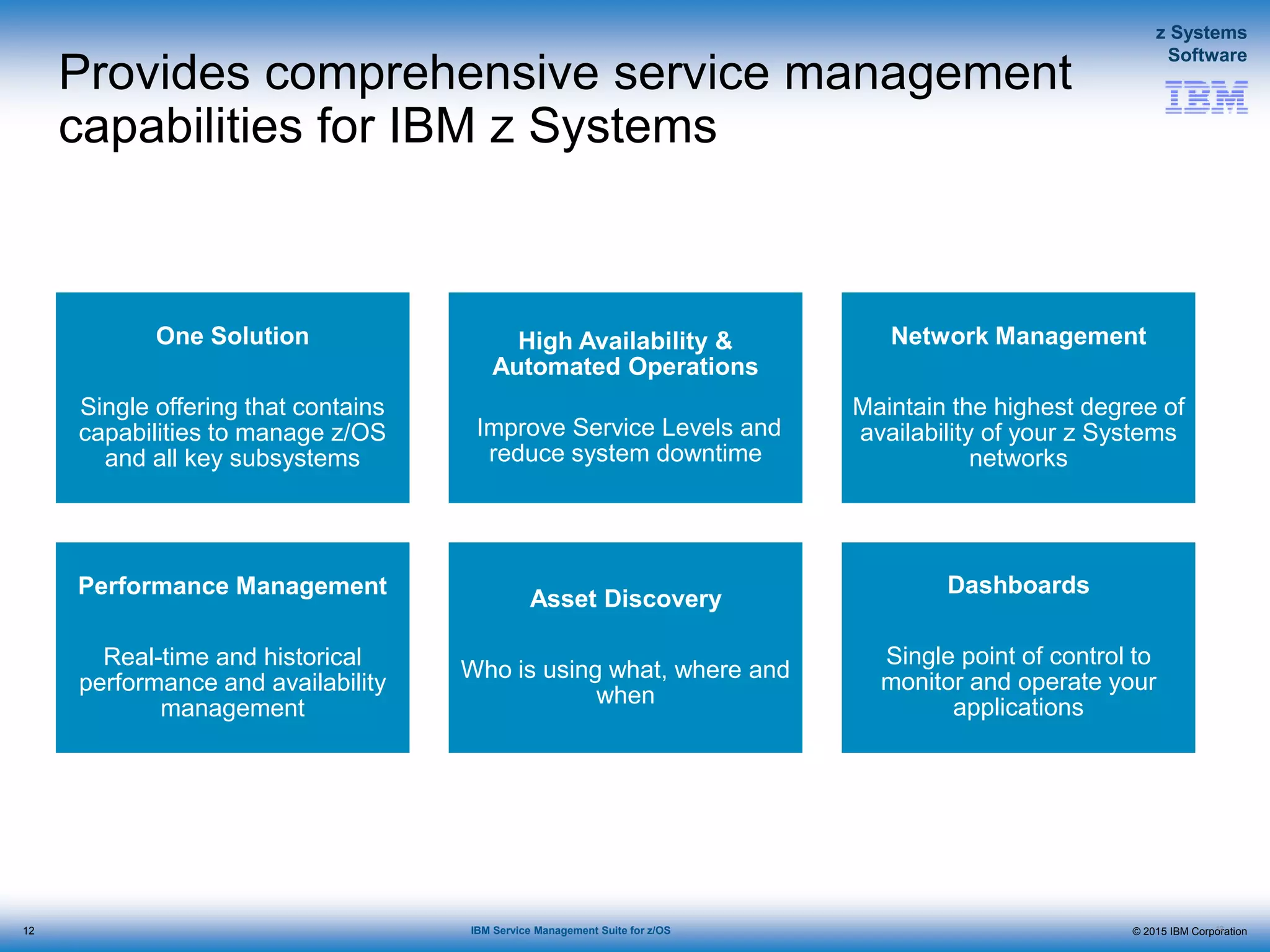 © 2015 IBM Corporation
z Systems
Software
IBM Service Management Suite for z/OS
Provides comprehensive service management
capabilities for IBM z Systems
12
One Solution
Single offering that contains
capabilities to manage z/OS
and all key subsystems
High Availability &
Automated Operations
Improve Service Levels and
reduce system downtime
Network Management
Maintain the highest degree of
availability of your z Systems
networks
Performance Management
Real-time and historical
performance and availability
management
Asset Discovery
Who is using what, where and
when
Dashboards
Single point of control to
monitor and operate your
applications
12
 