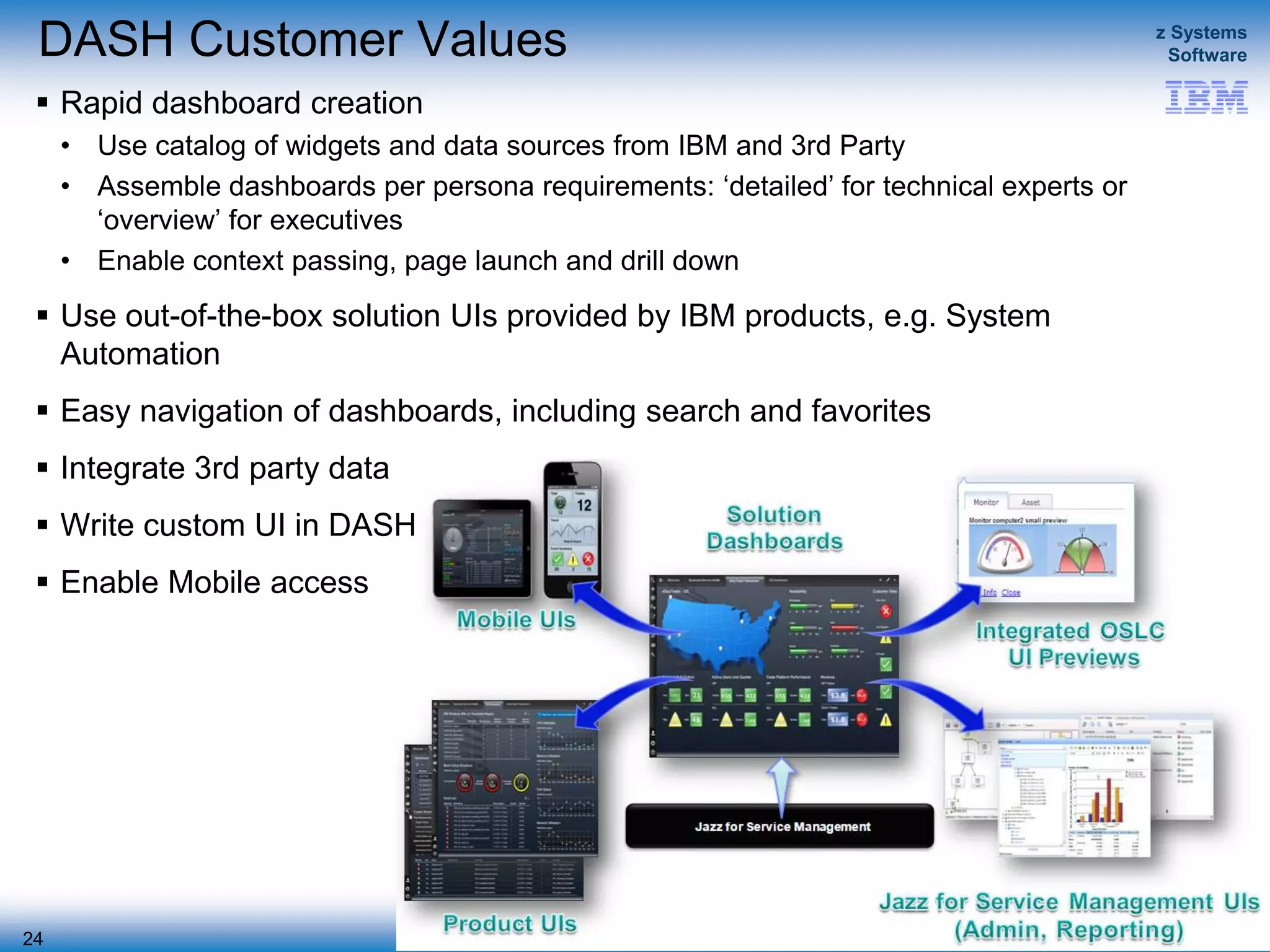 © 2015 IBM Corporation
z Systems
Software
IBM Service Management Suite for z/OS
DASH Customer Values
 Rapid dashboard creation
• Use catalog of widgets and data sources from IBM and 3rd Party
• Assemble dashboards per persona requirements: ‘detailed’ for technical experts or
‘overview’ for executives
• Enable context passing, page launch and drill down
 Use out-of-the-box solution UIs provided by IBM products, e.g. System
Automation
 Easy navigation of dashboards, including search and favorites
 Integrate 3rd party data
 Write custom UI in DASH
 Enable Mobile access
24
 