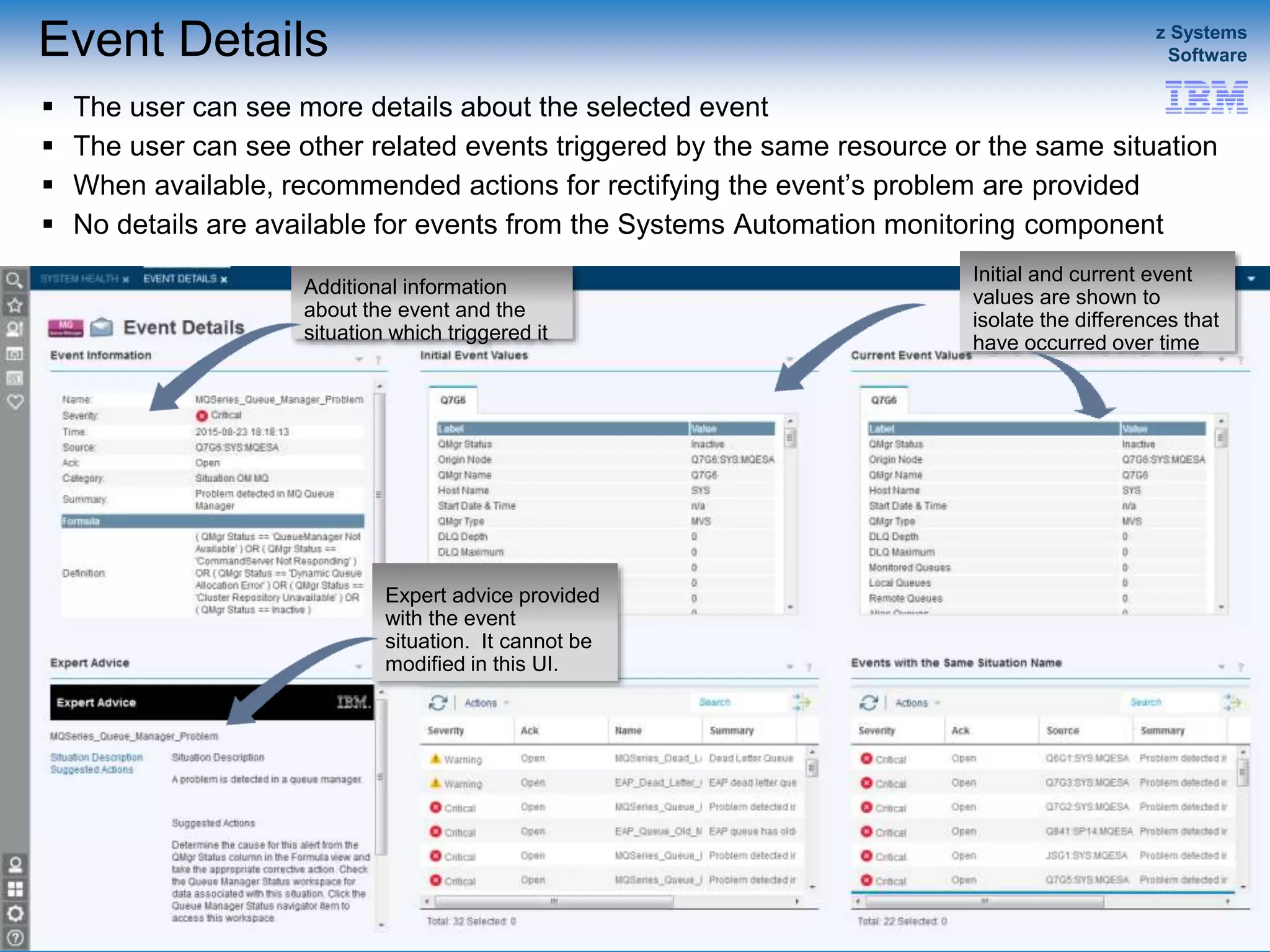 © 2015 IBM Corporation
z Systems
Software
IBM Service Management Suite for z/OS
Event Details
 The user can see more details about the selected event
 The user can see other related events triggered by the same resource or the same situation
 When available, recommended actions for rectifying the event’s problem are provided
 No details are available for events from the Systems Automation monitoring component
35
Additional information
about the event and the
situation which triggered it
Initial and current event
values are shown to
isolate the differences that
have occurred over time
Expert advice provided
with the event
situation. It cannot be
modified in this UI.
 