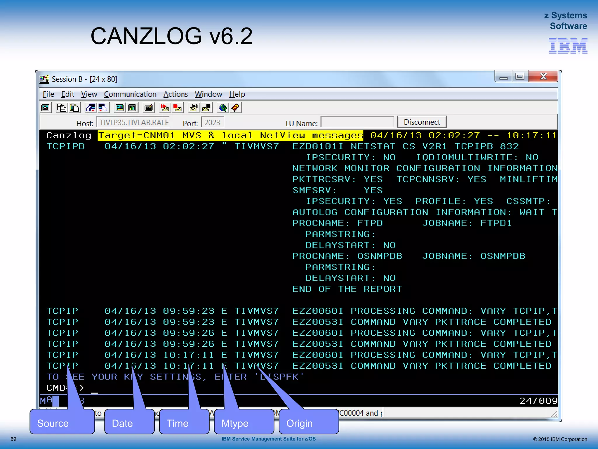 © 2015 IBM Corporation
z Systems
Software
IBM Service Management Suite for z/OS
CANZLOG v6.2
DateSource Time Mtype Origin
69
 