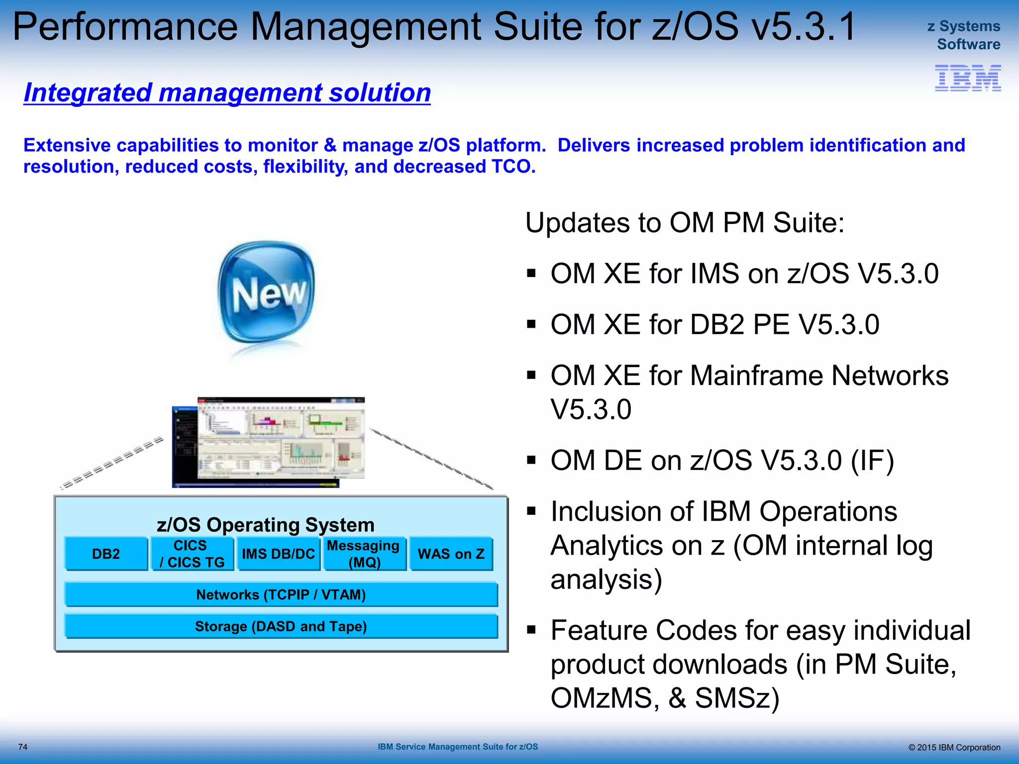 © 2015 IBM Corporation
z Systems
Software
IBM Service Management Suite for z/OS
Integrated management solution
Extensive capabilities to monitor & manage z/OS platform. Delivers increased problem identification and
resolution, reduced costs, flexibility, and decreased TCO.
Performance Management Suite for z/OS v5.3.1
74
Updates to OM PM Suite:
 OM XE for IMS on z/OS V5.3.0
 OM XE for DB2 PE V5.3.0
 OM XE for Mainframe Networks
V5.3.0
 OM DE on z/OS V5.3.0 (IF)
 Inclusion of IBM Operations
Analytics on z (OM internal log
analysis)
 Feature Codes for easy individual
product downloads (in PM Suite,
OMzMS, & SMSz)
DB2
Storage (DASD and Tape)
Networks (TCPIP / VTAM)
CICS
/ CICS TG
IMS DB/DC
Messaging
(MQ)
WAS on Z
z/OS Operating System
 