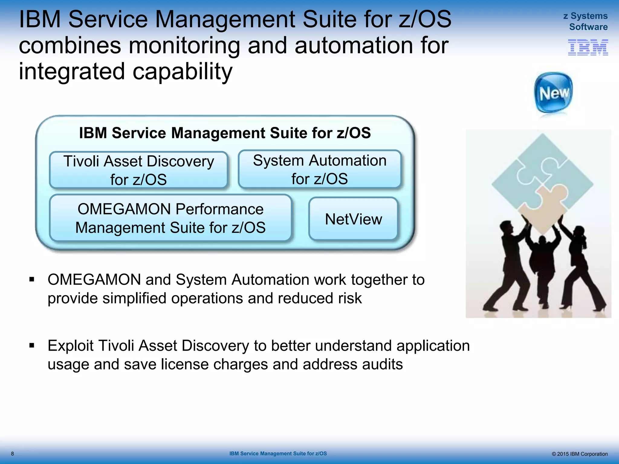 © 2015 IBM Corporation
z Systems
Software
IBM Service Management Suite for z/OS
 OMEGAMON and System Automation work together to
provide simplified operations and reduced risk
 Exploit Tivoli Asset Discovery to better understand application
usage and save license charges and address audits
Tivoli Asset Discovery
for z/OS
NetView
System Automation
for z/OS
OMEGAMON Performance
Management Suite for z/OS
IBM Service Management Suite for z/OS
IBM Service Management Suite for z/OS
combines monitoring and automation for
integrated capability
8
 