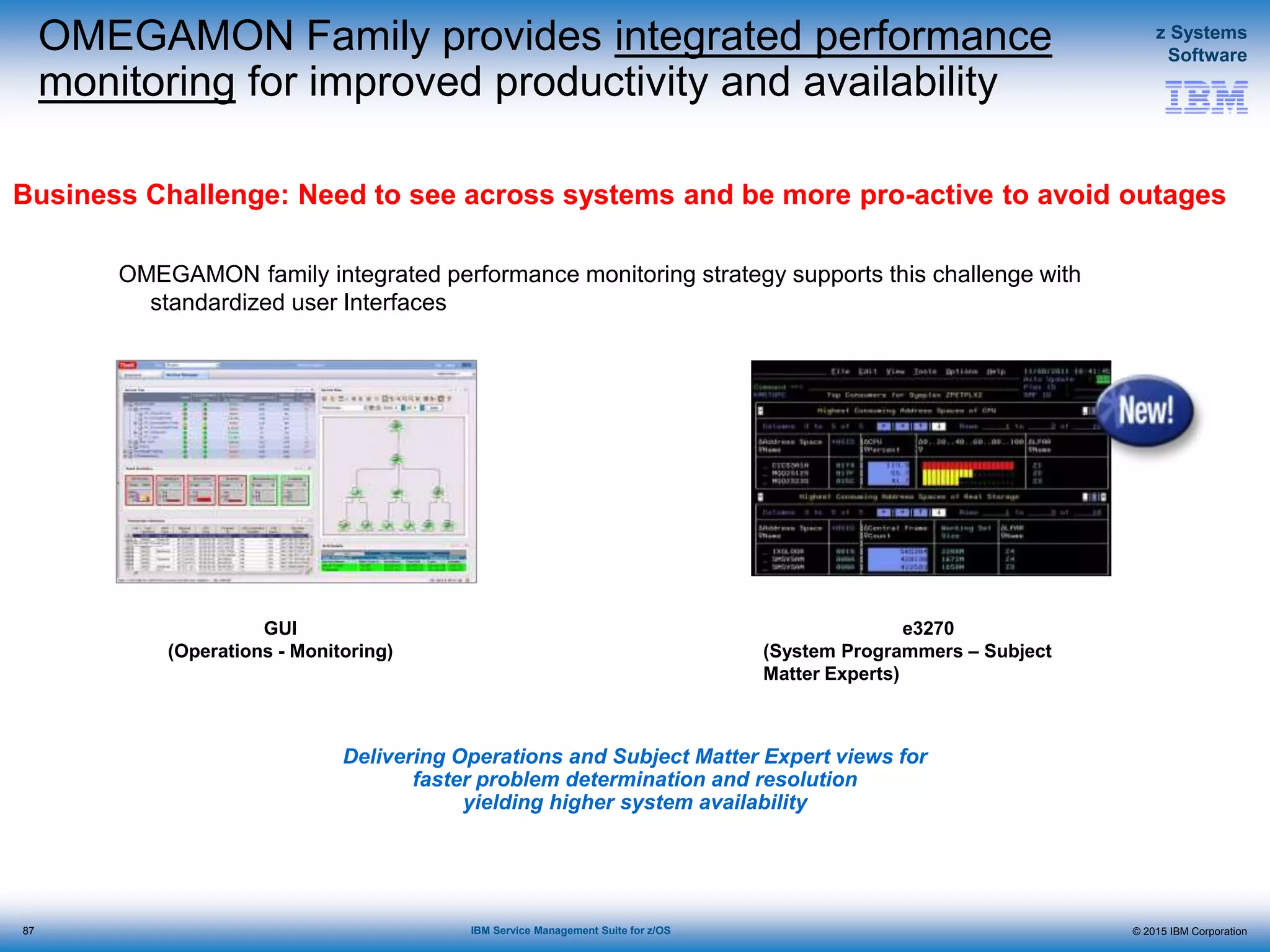 © 2015 IBM Corporation
z Systems
Software
IBM Service Management Suite for z/OS
OMEGAMON Family provides integrated performance
monitoring for improved productivity and availability
Business Challenge: Need to see across systems and be more pro-active to avoid outages
GUI
(Operations - Monitoring)
e3270
(System Programmers – Subject
Matter Experts)
Delivering Operations and Subject Matter Expert views for
faster problem determination and resolution
yielding higher system availability
OMEGAMON family integrated performance monitoring strategy supports this challenge with
standardized user Interfaces
87
 