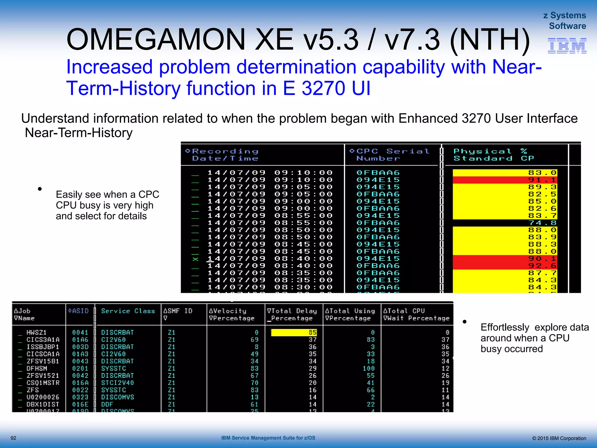 © 2015 IBM Corporation
z Systems
Software
IBM Service Management Suite for z/OS
OMEGAMON XE v5.3 / v7.3 (NTH)
Increased problem determination capability with Near-
Term-History function in E 3270 UI
Understand information related to when the problem began with Enhanced 3270 User Interface
Near-Term-History
• Easily see when a CPC
CPU busy is very high
and select for details
• Effortlessly explore data
around when a CPU
busy occurred
92
 
