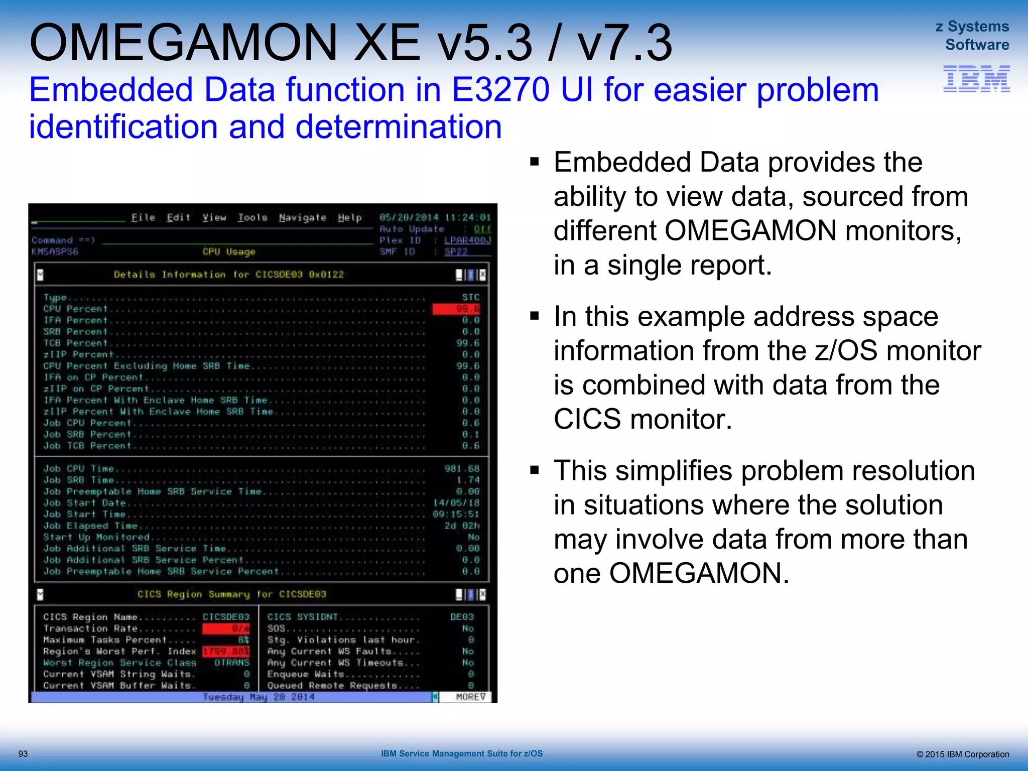 © 2015 IBM Corporation
z Systems
Software
IBM Service Management Suite for z/OS
OMEGAMON XE v5.3 / v7.3
Embedded Data function in E3270 UI for easier problem
identification and determination
 Embedded Data provides the
ability to view data, sourced from
different OMEGAMON monitors,
in a single report.
 In this example address space
information from the z/OS monitor
is combined with data from the
CICS monitor.
 This simplifies problem resolution
in situations where the solution
may involve data from more than
one OMEGAMON.
93
 
