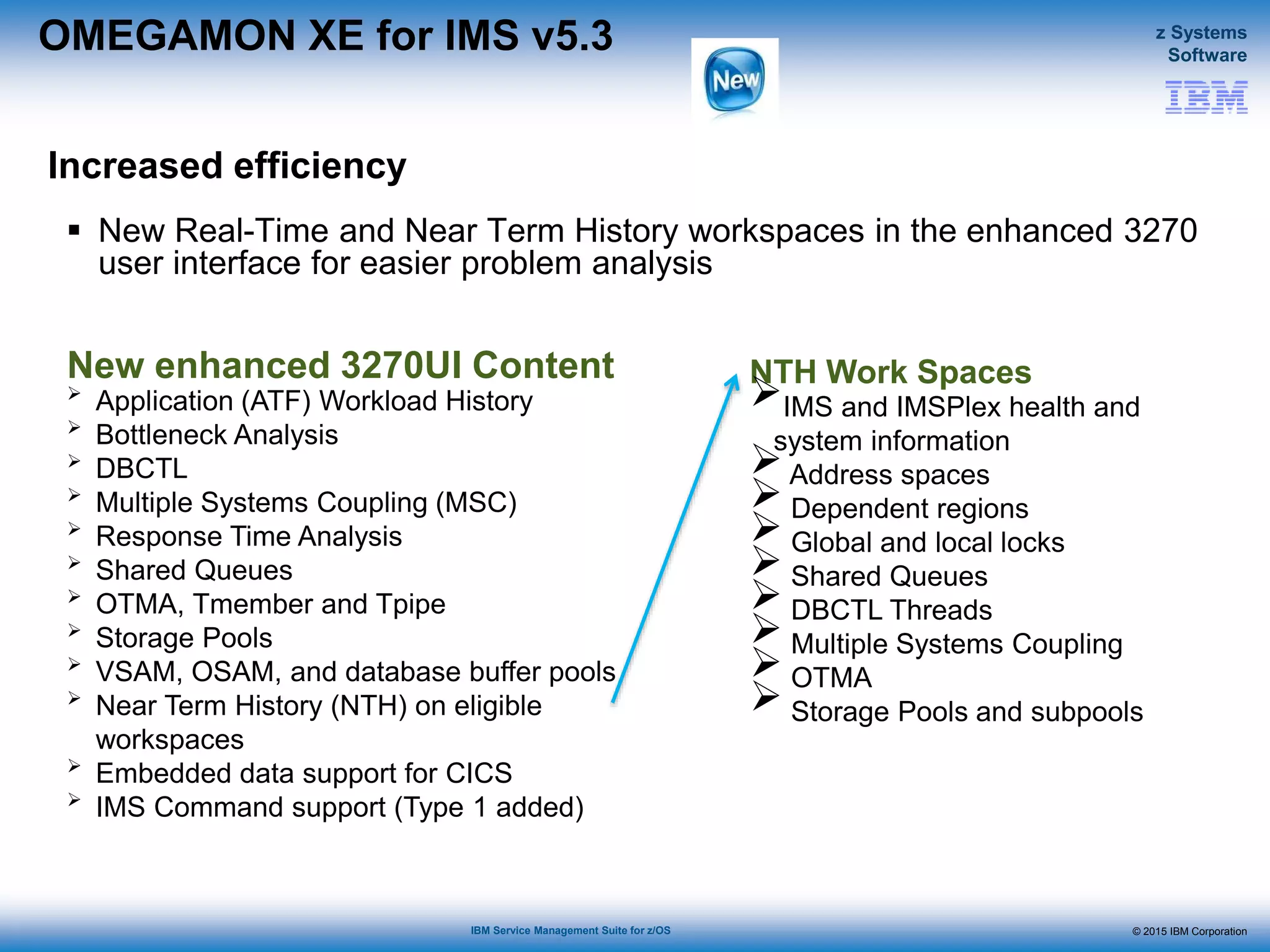© 2015 IBM Corporation
z Systems
Software
IBM Service Management Suite for z/OS
OMEGAMON XE for IMS v5.3
 New Real-Time and Near Term History workspaces in the enhanced 3270
user interface for easier problem analysis
Increased efficiency
NTH Work Spaces
IMS and IMSPlex health and
system information
 Address spaces
 Dependent regions
 Global and local locks
 Shared Queues
 DBCTL Threads
 Multiple Systems Coupling
 OTMA
 Storage Pools and subpools
New enhanced 3270UI Content

Application (ATF) Workload History

Bottleneck Analysis

DBCTL

Multiple Systems Coupling (MSC)

Response Time Analysis

Shared Queues

OTMA, Tmember and Tpipe

Storage Pools

VSAM, OSAM, and database buffer pools

Near Term History (NTH) on eligible
workspaces

Embedded data support for CICS

IMS Command support (Type 1 added)
 