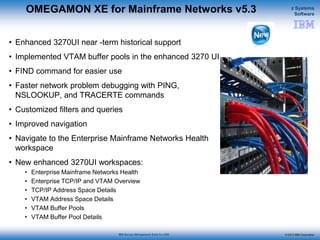 © 2015 IBM Corporation
z Systems
Software
IBM Service Management Suite for z/OS
OMEGAMON XE for Mainframe Networks v5.3
• Enhanced 3270UI near -term historical support
• Implemented VTAM buffer pools in the enhanced 3270 UI
• FIND command for easier use
• Faster network problem debugging with PING,
NSLOOKUP, and TRACERTE commands
• Customized filters and queries
• Improved navigation
• Navigate to the Enterprise Mainframe Networks Health
workspace
• New enhanced 3270UI workspaces:
• Enterprise Mainframe Networks Health
• Enterprise TCP/IP and VTAM Overview
• TCP/IP Address Space Details
• VTAM Address Space Details
• VTAM Buffer Pools
• VTAM Buffer Pool Details
 