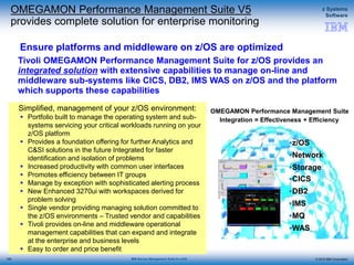 © 2015 IBM Corporation
z Systems
Software
IBM Service Management Suite for z/OS
Ensure platforms and middleware on z/OS are optimized
Simplified, management of your z/OS environment:
 Portfolio built to manage the operating system and sub-
systems servicing your critical workloads running on your
z/OS platform
 Provides a foundation offering for further Analytics and
C&SI solutions in the future Integrated for faster
identification and isolation of problems
 Increased productivity with common user interfaces
 Promotes efficiency between IT groups
 Manage by exception with sophisticated alerting process
 New Enhanced 3270ui with workspaces derived for
problem solving
 Single vendor providing managing solution committed to
the z/OS environments – Trusted vendor and capabilities
 Tivoli provides on-line and middleware operational
management capabilities that can expand and integrate
at the enterprise and business levels
 Easy to order and price benefit
Tivoli OMEGAMON Performance Management Suite for z/OS provides an
integrated solution with extensive capabilities to manage on-line and
middleware sub-systems like CICS, DB2, IMS WAS on z/OS and the platform
which supports these capabilities
OMEGAMON Performance Management Suite
Integration = Effectiveness + Efficiency
z/OS
Network
Storage
CICS
DB2
IMS
MQ
WAS
OMEGAMON Performance Management Suite V5
provides complete solution for enterprise monitoring
109
 