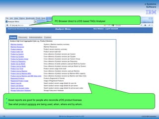 © 2015 IBM Corporation
z Systems
Software
IBM Service Management Suite for z/OS
PC Browser direct to z/OS based TADz Analyser
 Asset reports are good for people who reconcile z/OS product licenses
 See what product versions are being used, when, where and by whom.
114
 
