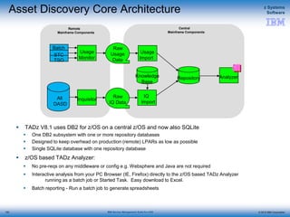 © 2015 IBM Corporation
z Systems
Software
IBM Service Management Suite for z/OS
Asset Discovery Core Architecture
 TADz V8.1 uses DB2 for z/OS on a central z/OS and now also SQLite
 One DB2 subsystem with one or more repository databases
 Designed to keep overhead on production (remote) LPARs as low as possible
 Single SQLite database with one repository database
 z/OS based TADz Analyzer:
 No pre-reqs on any middleware or config e.g. Websphere and Java are not required
 Interactive analysis from your PC Browser (IE, Firefox) directly to the z/OS based TADz Analyzer
running as a batch job or Started Task. Easy download to Excel.
 Batch reporting - Run a batch job to generate spreadsheets
Central
Mainframe Components
Remote
Mainframe Components
Batch
STC
TSO
All
DASD
Usage
Monitor
Inquisitor
Raw
IQ Data
Raw
Usage
Data
Usage
Import
Knowledge
Base
IQ
Import
AnalyzerRepository
122
 