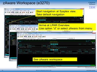 © 2015 IBM Corporation
z Systems
Software
IBM Service Management Suite for z/OS
zAware Workspace (e3270)
145
Start navigation at Sysplex view.
Take default navigation
Arrive at LPAR Overview.
Use option “d” or select zAware from menu
See zAware workspace
 