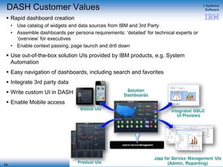 © 2015 IBM Corporation
z Systems
Software
IBM Service Management Suite for z/OS
DASH Customer Values
 Rapid dashboard creation
• Use catalog of widgets and data sources from IBM and 3rd Party
• Assemble dashboards per persona requirements: ‘detailed’ for technical experts or
‘overview’ for executives
• Enable context passing, page launch and drill down
 Use out-of-the-box solution UIs provided by IBM products, e.g. System
Automation
 Easy navigation of dashboards, including search and favorites
 Integrate 3rd party data
 Write custom UI in DASH
 Enable Mobile access
24
 