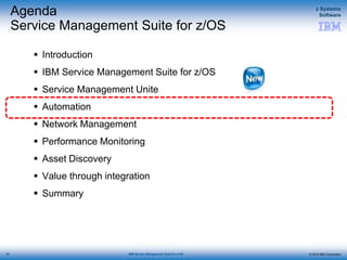 © 2015 IBM Corporation
z Systems
Software
IBM Service Management Suite for z/OS
Agenda
Service Management Suite for z/OS
 Introduction
 IBM Service Management Suite for z/OS
 Service Management Unite
 Automation
 Network Management
 Performance Monitoring
 Asset Discovery
 Value through integration
 Summary
47
 
