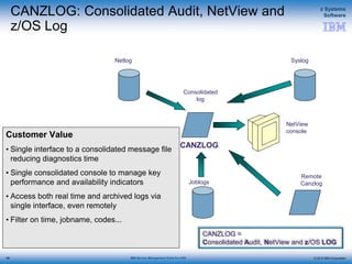 © 2015 IBM Corporation
z Systems
Software
IBM Service Management Suite for z/OS
CANZLOG: Consolidated Audit, NetView and
z/OS Log
66
Netlog
NetView
console
Syslog
Joblogs
Consolidated
log
CANZLOG
Customer Value
• Single interface to a consolidated message file
reducing diagnostics time
• Single consolidated console to manage key
performance and availability indicators
• Access both real time and archived logs via
single interface, even remotely
• Filter on time, jobname, codes...
Remote
Canzlog
CANZLOG =
Consolidated Audit, NetView and z/OS LOG
 