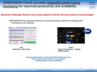 © 2015 IBM Corporation
z Systems
Software
IBM Service Management Suite for z/OS
OMEGAMON Family provides integrated performance
monitoring for improved productivity and availability
Business Challenge: Need to see across systems and be more pro-active to avoid outages
GUI
(Operations - Monitoring)
e3270
(System Programmers – Subject
Matter Experts)
Delivering Operations and Subject Matter Expert views for
faster problem determination and resolution
yielding higher system availability
OMEGAMON family integrated performance monitoring strategy supports this challenge with
standardized user Interfaces
87
 