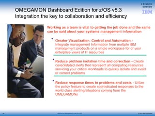 © 2015 IBM Corporation
z Systems
Software
IBM Service Management Suite for z/OS
OMEGAMON Dashboard Edition for z/OS v5.3
Integration the key to collaboration and efficiency
• Reduce problem isolation time and correction - Create
consolidated alerts that represent all computing resources
servicing your critical workloads to quickly isolate and avoid
or correct problems
• Greater Visualization, Control and Automation -
Integrate management Information from multiple IBM
management products on a single workspace for of your
enterprise views of IT resources
Working as a team is vital to getting the job done and the same
can be said about your systems management information
• Reduce response times to problems and costs - Utilize
the policy feature to create sophisticated responses to the
world class alerting/situations coming from the
OMEGAMONs
94
 