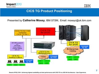 Session #TAC-2104 - Achieving highest availability and best performance with CICS TG on z/OS HA Architecture - User Experience
2
CICS TG Product Positioning
Presented by Catherine Moxey, IBM STSM, Email: moxeyc@uk.ibm.com
 