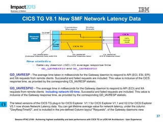 Session #TAC-2104 - Achieving highest availability and best performance with CICS TG on z/OS HA Architecture - User Experience
GD_IAVRESP - The average time taken in milliseconds for the Gateway daemon to respond to API (ECI, ESI, EPI)
and XA requests from remote clients. Successful and failed requests are included. This value is inclusive of the CICS
response time, as provided by the corresponding CS_IAVRESP statistic.
GD_IAVRESPIO - The average time in milliseconds for the Gateway daemon to respond to API (ECI) and XA
requests from remote clients including network I/O time. Successful and failed requests are included. This value is
inclusive of the Gateway response time, as provided by the corresponding GD_IAVRESP statistic.
The latest versions of the CICS TG plug-in for CICS Explorer V1.1 for CICS Explorer V1.1 and V2.0 for CICS Explorer
V5.1 now shows Network Latency data. You can get lifetime average value for network latency, under the column
"GwyRespTimeIO", and is included in the pre-defined Column layout "Requests", of the Gateway daemons view.
37
CICS TG V8.1 New SMF Network Latency Data
 