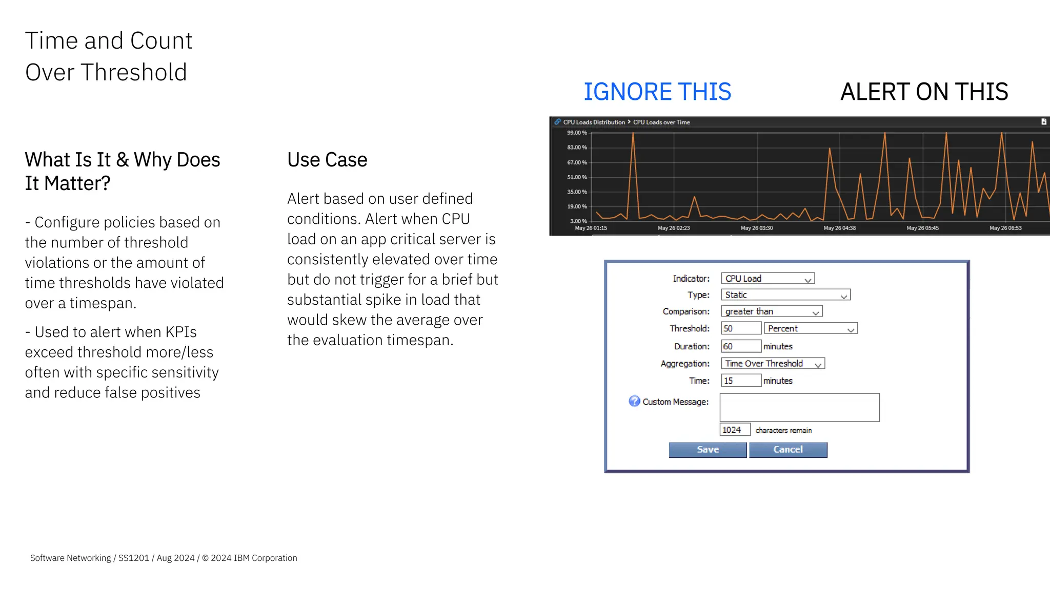 Time and Count
Over Threshold
What Is It & Why Does
It Matter?
- Configure policies based on
the number of threshold
violations or the amount of
time thresholds have violated
over a timespan.
- Used to alert when KPIs
exceed threshold more/less
often with specific sensitivity
and reduce false positives
Use Case
Alert based on user defined
conditions. Alert when CPU
load on an app critical server is
consistently elevated over time
but do not trigger for a brief but
substantial spike in load that
would skew the average over
the evaluation timespan.
ALERT ON THIS
IGNORE THIS
Software Networking / SS1201 / Aug 2024 / © 2024 IBM Corporation
 