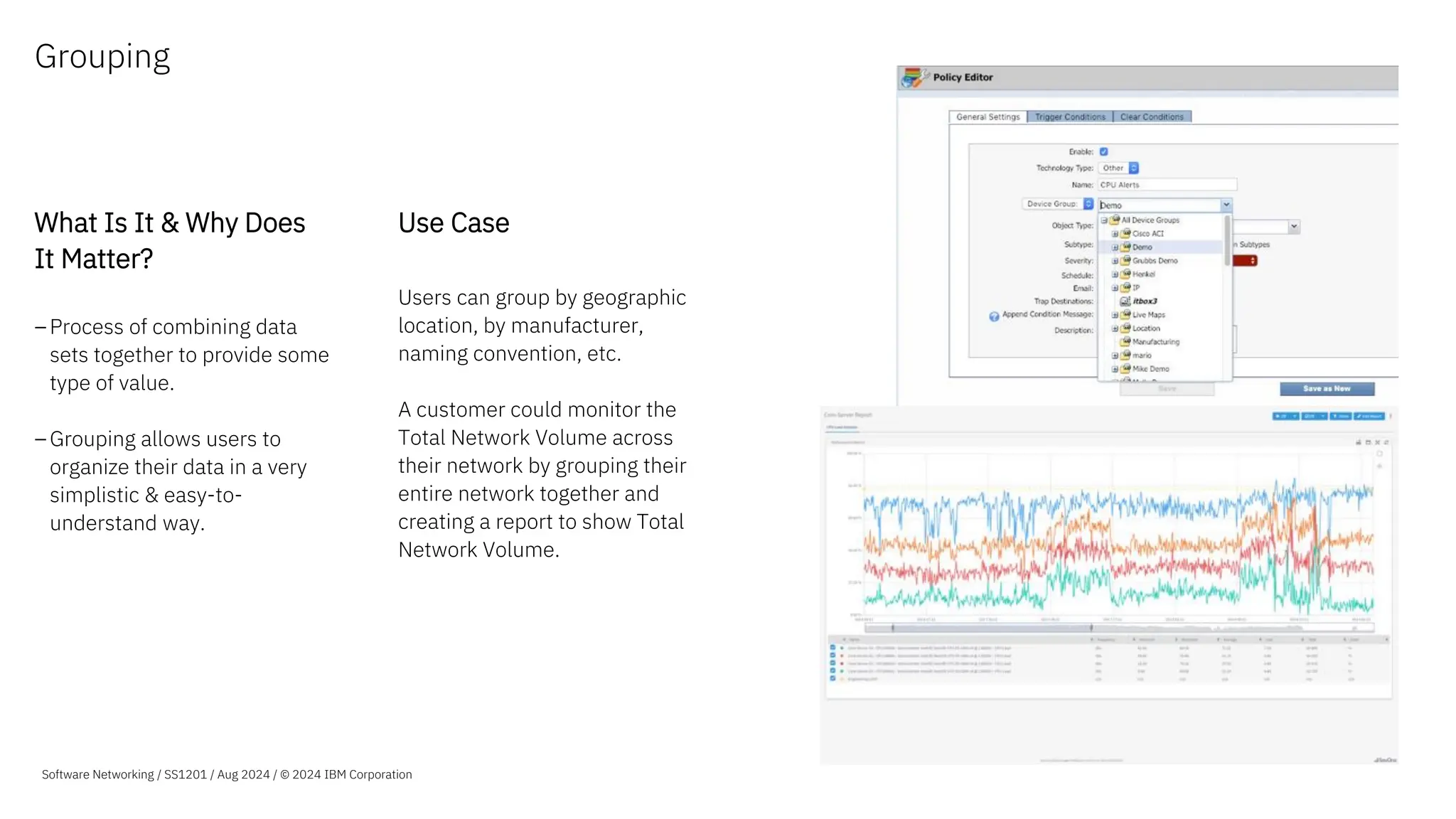 Grouping
What Is It & Why Does
It Matter?
–Process of combining data
sets together to provide some
type of value.
–Grouping allows users to
organize their data in a very
simplistic & easy-to-
understand way.
Use Case
Users can group by geographic
location, by manufacturer,
naming convention, etc.
A customer could monitor the
Total Network Volume across
their network by grouping their
entire network together and
creating a report to show Total
Network Volume.
Software Networking / SS1201 / Aug 2024 / © 2024 IBM Corporation
 