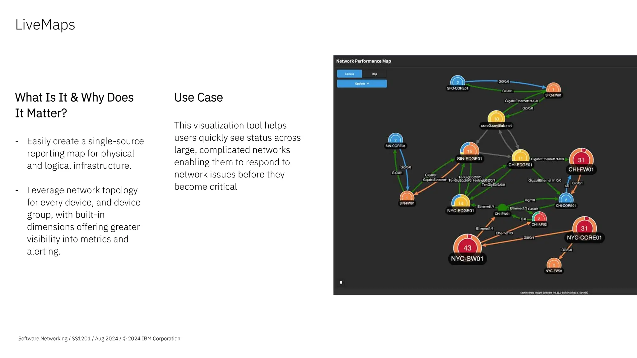 LiveMaps
What Is It & Why Does
It Matter?
- Easily create a single-source
reporting map for physical
and logical infrastructure.
- Leverage network topology
for every device, and device
group, with built-in
dimensions offering greater
visibility into metrics and
alerting.
Use Case
This visualization tool helps
users quickly see status across
large, complicated networks
enabling them to respond to
network issues before they
become critical
Software Networking / SS1201 / Aug 2024 / © 2024 IBM Corporation
 