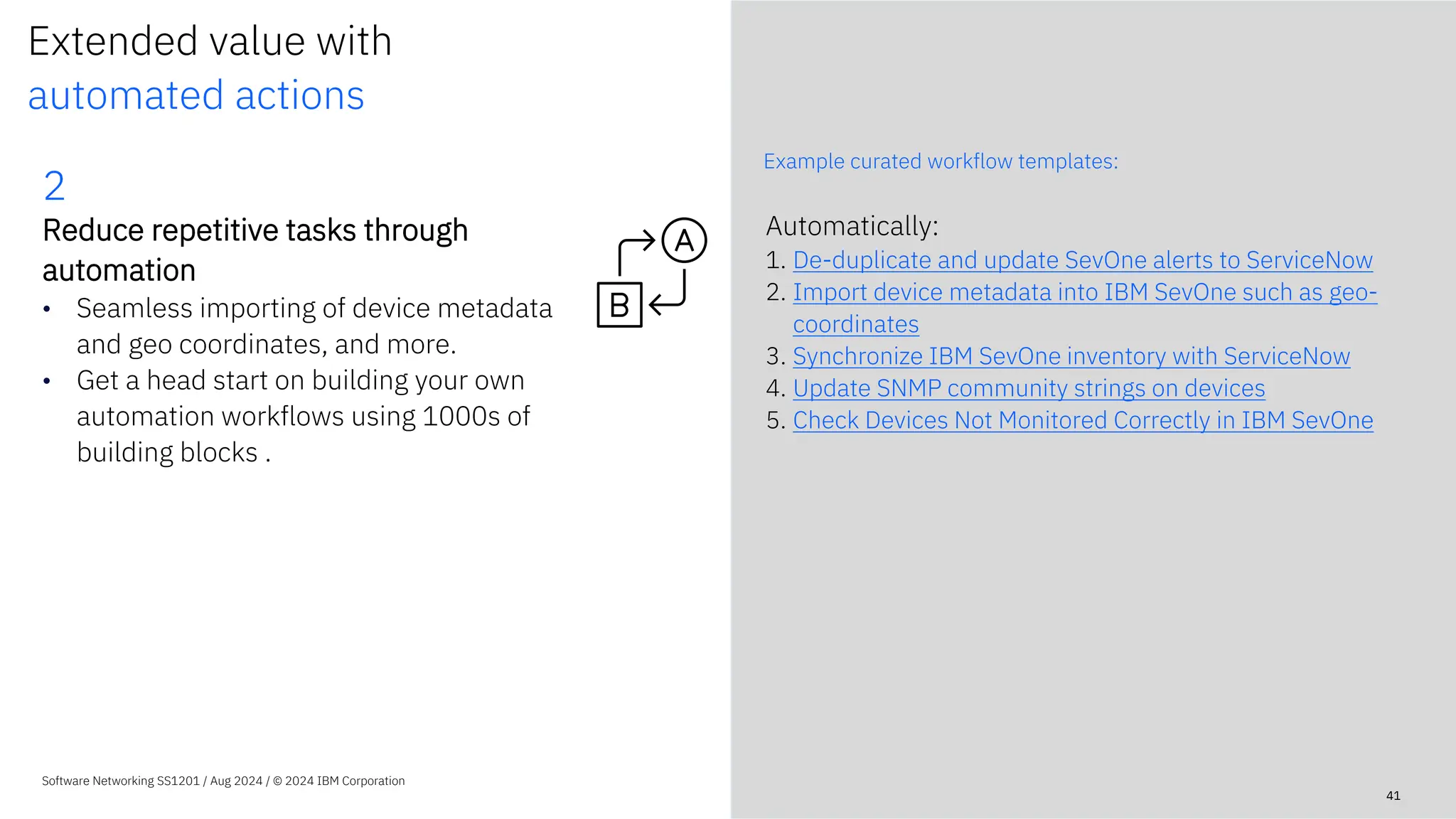 Extended value with
automated actions
Example curated workflow templates:
Software Networking SS1201 / Aug 2024 / © 2024 IBM Corporation
Automatically:
1. De-duplicate and update SevOne alerts to ServiceNow
2. Import device metadata into IBM SevOne such as geo-
coordinates
3. Synchronize IBM SevOne inventory with ServiceNow
4. Update SNMP community strings on devices
5. Check Devices Not Monitored Correctly in IBM SevOne
41
2
Reduce repetitive tasks through
automation
• Seamless importing of device metadata
and geo coordinates, and more.
• Get a head start on building your own
automation workflows using 1000s of
building blocks .
 