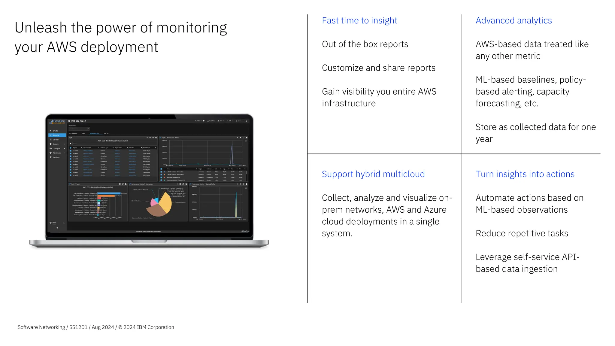 Unleash the power of monitoring
your AWS deployment
Fast time to insight
Out of the box reports
Customize and share reports
Gain visibility you entire AWS
infrastructure
Advanced analytics
AWS-based data treated like
any other metric
ML-based baselines, policy-
based alerting, capacity
forecasting, etc.
Store as collected data for one
year
Support hybrid multicloud
Collect, analyze and visualize on-
prem networks, AWS and Azure
cloud deployments in a single
system.
Turn insights into actions
Automate actions based on
ML-based observations
Reduce repetitive tasks
Leverage self-service API-
based data ingestion
Software Networking / SS1201 / Aug 2024 / © 2024 IBM Corporation
 