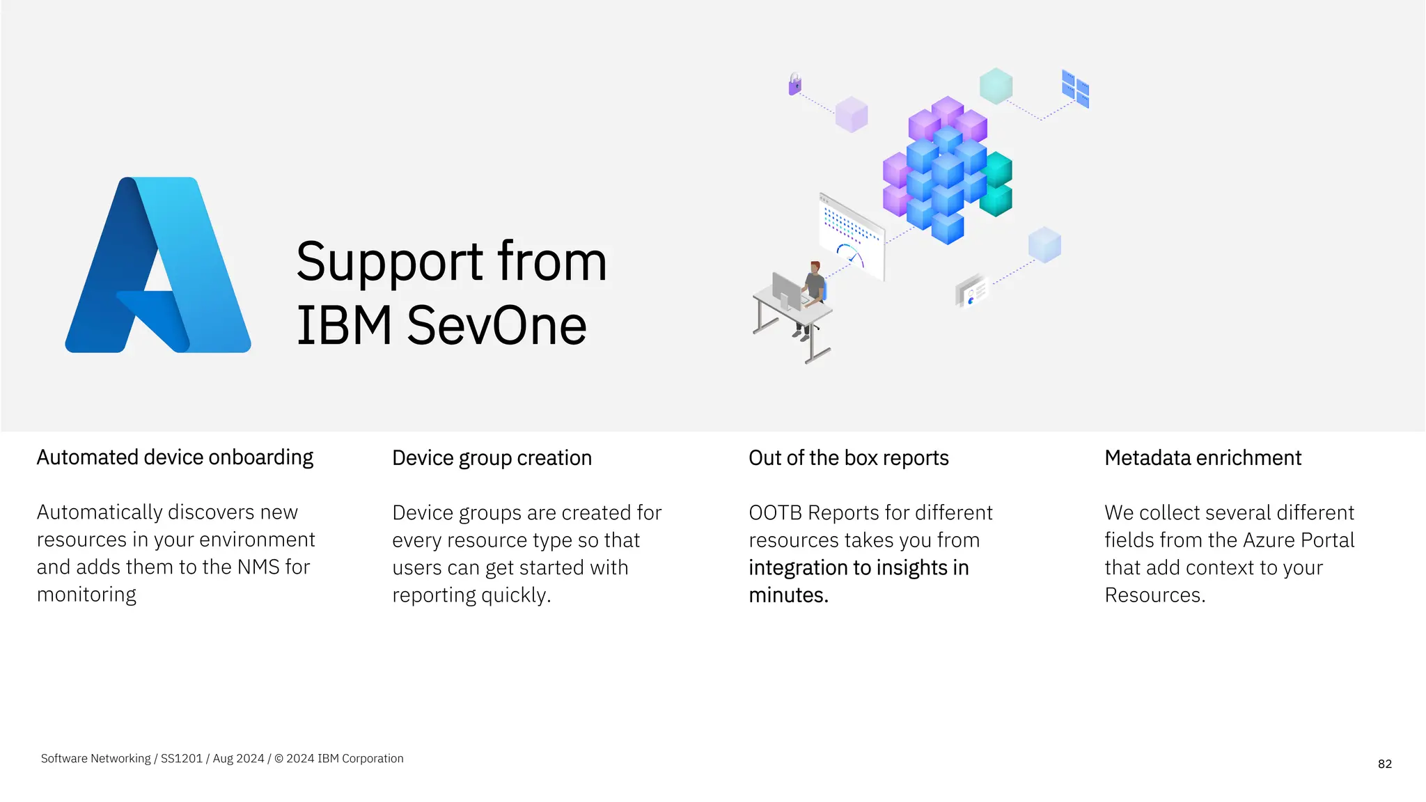Automated device onboarding
Automatically discovers new
resources in your environment
and adds them to the NMS for
monitoring
Device group creation
Device groups are created for
every resource type so that
users can get started with
reporting quickly.
Out of the box reports
OOTB Reports for different
resources takes you from
integration to insights in
minutes.
Metadata enrichment
We collect several different
fields from the Azure Portal
that add context to your
Resources.
82
Support from
IBM SevOne
Software Networking / SS1201 / Aug 2024 / © 2024 IBM Corporation
 
