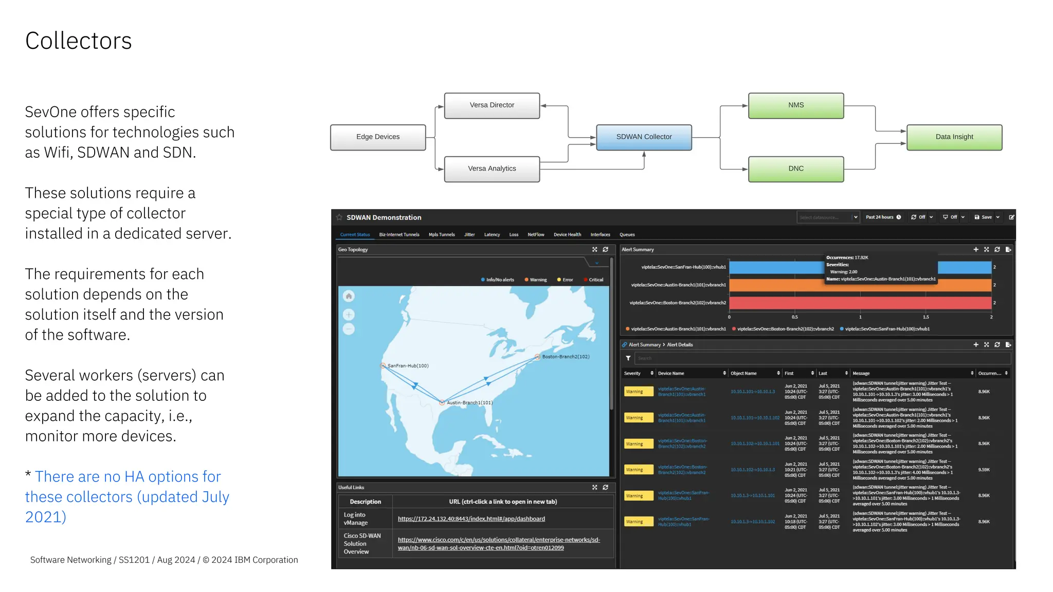 Collectors
SevOne offers specific
solutions for technologies such
as Wifi, SDWAN and SDN.
These solutions require a
special type of collector
installed in a dedicated server.
The requirements for each
solution depends on the
solution itself and the version
of the software.
Several workers (servers) can
be added to the solution to
expand the capacity, i.e.,
monitor more devices.
* There are no HA options for
these collectors (updated July
2021)
Software Networking / SS1201 / Aug 2024 / © 2024 IBM Corporation
 