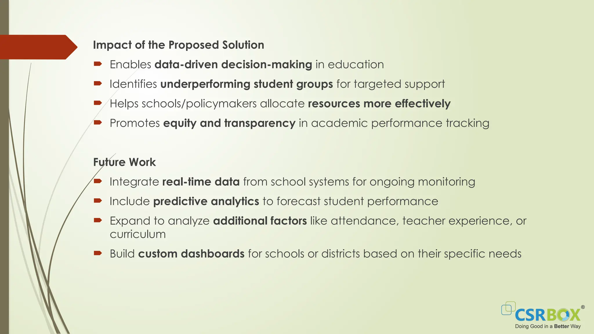 Impact of the Proposed Solution
 Enables data-driven decision-making in education
 Identifies underperforming student groups for targeted support
 Helps schools/policymakers allocate resources more effectively
 Promotes equity and transparency in academic performance tracking
Future Work
 Integrate real-time data from school systems for ongoing monitoring
 Include predictive analytics to forecast student performance
 Expand to analyze additional factors like attendance, teacher experience, or
curriculum
 Build custom dashboards for schools or districts based on their specific needs
 