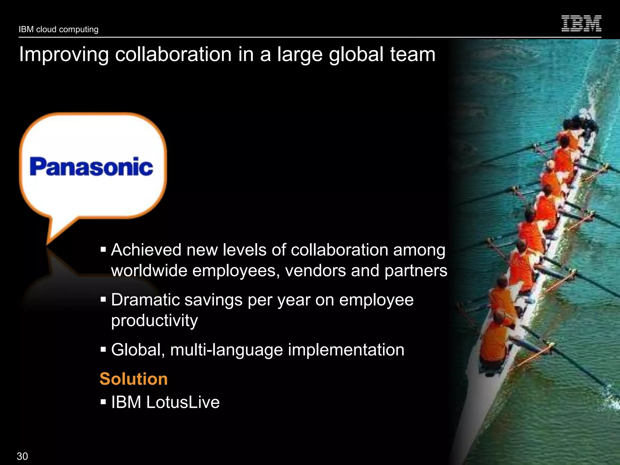 IBM cloud computing


Improving collaboration in a large global team




                       Achieved new levels of collaboration among
                        worldwide employees, vendors and partners
                       Dramatic savings per year on employee
                        productivity
                       Global, multi-language implementation
                      Solution
                       IBM LotusLive

                                                                     © 2010 IBM Corporation
30
 
