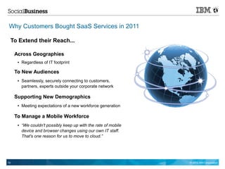 Why Customers Bought SaaS Services in 2011

 To Extend their Reach...

     Across Geographies
      ●   Regardless of IT footprint

     To New Audiences
      ●   Seamlessly, securely connecting to customers,
          partners, experts outside your corporate network

     Supporting New Demographics
      ●   Meeting expectations of a new workforce generation

     To Manage a Mobile Workforce
      ●   “We couldn't possibly keep up with the rate of mobile
          device and browser changes using our own IT staff.
          That's one reason for us to move to cloud.”




10                                                                © 2012 IBM Corporation
 