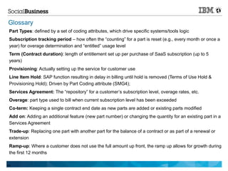 Glossary
 Part Types: defined by a set of coding attributes, which drive specific systems/tools logic
 Subscription tracking period – how often the “counting” for a part is reset (e.g., every month or once a
 year) for overage determination and “entitled” usage level
 Term (Contract duration): length of entitlement set up per purchase of SaaS subscription (up to 5
 years)
 Provisioning: Actually setting up the service for customer use
 Line Item Hold: SAP function resulting in delay in billing until hold is removed (Terms of Use Hold &
 Provisioning Hold); Driven by Part Coding attribute (SMG4);
 Services Agreement: The “repository” for a customer’s subscription level, overage rates, etc.
 Overage: part type used to bill when current subscription level has been exceeded
 Co-term: Keeping a single contract end date as new parts are added or existing parts modified
 Add on: Adding an additional feature (new part number) or changing the quantity for an existing part in a
 Services Agreement
 Trade-up: Replacing one part with another part for the balance of a contract or as part of a renewal or
 extension
 Ramp-up: Where a customer does not use the full amount up front, the ramp up allows for growth during
 the first 12 months

100
 
