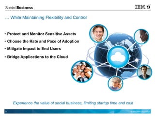 … While Maintaining Flexibility and Control


●    Protect and Monitor Sensitive Assets
●    Choose the Rate and Pace of Adoption
●    Mitigate Impact to End Users
●    Bridge Applications to the Cloud




        Experience the value of social business, limiting startup time and cost

11                                                                           © 2012 IBM Corporation
 