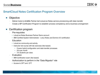 SmartCloud Notes Certification Program Overview

     Objective
      —   Deliver tools to enable Partner led LotusLive Notes service provisioning with data transfer
      —   Create a BP Certification Program to establish process competency and a business arrangement


     Certification program
      —   Pre-requisites
          ●   LotusLive Notes Business Partner Demo account
          ●   IBM Certified System Administrator - Lotus Notes and Domino 8.5 certification
      —   Education
          ●   LotusLive community and activity
          ●   Instructor led course with lab exercises (fee based)
               ●   Covers hybrid configuration and data transfer processes
               ●   2x's per month
               ●   3-5 students per class
      —   Evaluation
          ●   IBM Certification exam (fee based)
      —   Authorization to perform in the “Data Migrator” role
          ●   Access to OPT and OTT
 