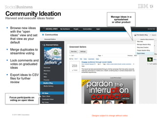 14 © 2014 IBM Corporation
Social analytics in context
help you discover projects and
content
Social analytics in context
help you discover projects and
content
Recommendations are based on
your social graph – see why
something is being suggested
Recommendations are based on
your social graph – see why
something is being suggested
Trending topics allow you to
see popular topics your peers,
customers and partners
are discussing
Trending topics allow you to
see popular topics your peers,
customers and partners
are discussing
SocialAnalytics
Discover what and who you should know – put your social graph to work
 