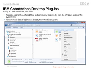 © 2014 IBM Corporation
 An easy way to post, share, and
comment on content
 A place for you and your teams can
collaboratively edit content
– Create wiki pages; enter and edit content
using a rich text editor, adding HTML, or
editing in wiki markup
– Compare wiki page versions
– Subscribe to wiki pages to be notified of
changes
– Organize pages hierarchically
– Recommend, tag, and comment on pages
– Subscribe to wiki pages to be notified of
changes
– Control and assign read access, write
access, or manager access privileges
Wikis
Improve efficiency across your
organization
Macro to automatically generate
table of contents for the page
Macro to automatically generate
table of contents for the page
 