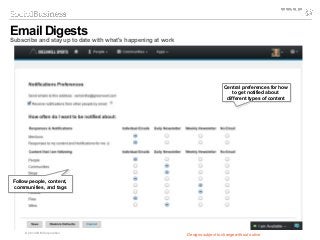 © 2014 IBM Corporation
Email Digests
Subscribe and stay up to date with what's happening at work
Follow people, content,
communities, and tags
Follow people, content,
communities, and tags
Central preferences for how
to get notified about
different types of content
Central preferences for how
to get notified about
different types of content
Designs subject to change without notice
 