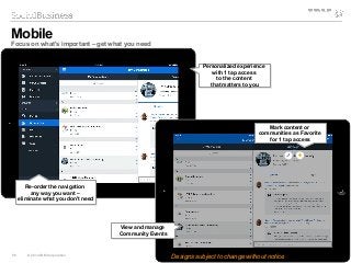 58 © 2014 IBM Corporation
Personalized experience
with 1 tap access
to the content
that matters to you
Personalized experience
with 1 tap access
to the content
that matters to you
Mark content or
communities as Favorite
for 1 tap access
Mark content or
communities as Favorite
for 1 tap access
Mobile
Focus on what's important – get what you need
Designs subject to change without notice
Re-order the navigation
any way you want –
eliminate what you don't need
Re-order the navigation
any way you want –
eliminate what you don't need
View and manage
Community Events
View and manage
Community Events
 