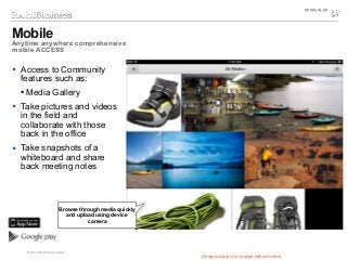 © 2014 IBM Corporation
 Access to Community
features such as:
● Media Gallery
 Take pictures and videos
in the field and
collaborate with those
back in the office
 Take snapshots of a
whiteboard and share
back meeting notes
Mobile
Anytime anywhere comprehensive
mobile ACCESS
Designs subject to change without notice
Browse through media quickly
and upload using device
camera
Browse through media quickly
and upload using device
camera
 