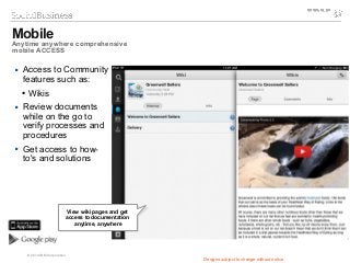 © 2014 IBM Corporation
 Access to Community
features such as:
● Wikis
 Review documents
while on the go to
verify processes and
procedures
 Get access to how-
to's and solutions
Mobile
Anytime anywhere comprehensive
mobile ACCESS
Designs subject to change without notice
View wiki pages and get
access to documentation
anytime, anywhere
View wiki pages and get
access to documentation
anytime, anywhere
 