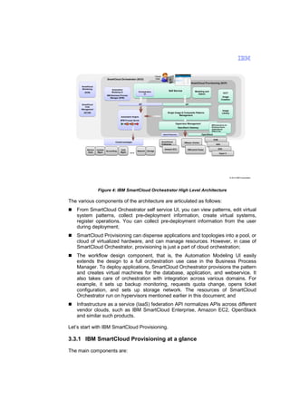 Cloud
User

SmartCloud Orchestrator (SCO)

SmartCloud Provisioning (SCP)
SmartCloud
Monitoring

Automation
Automation
Modeling UI

(SCM)

Self Service

Orchestration
UI
UI

IBM Business Process
IBM Business Process
Manager (BPM)

Modeling and
Admin

ICCT
Image
Creation

API
API

SmartCloud
Cost
Management

API
API

Image
Library

Single Image & Composite Patterns
Management

(SCCM)
Automation Engine
Automation Engine
BPM Process Server

Hypervisor Management

IBM Extensions for
IBM Extensions for
Workload Aware
Workload Aware
optimizations
optimizations
(DRS & HA)
(DRS & HA)

OpenStack Gateway

OpenStack

Hybrid Extension
Hybrid Extension

SmartCloud
Enterprise

Content packages
Content packages

Service
Desk

License
Mgmt

Accounting

Cost
Mgmt

…

Network

Storage

Amazon EC2
Amazon EC2

KVM
KVM
VMware vCenter
VMControl Power

XEN
XEN
ESX
ESX
Hyper-V
Hyper-V

© 2013 IBM Corporation

Figure 4: IBM SmartCloud Orchestrator High Level Architecture

The various components of the architecture are articulated as follows:
From SmartCloud Orchestrator self service UI, you can view patterns, edit virtual
system patterns, collect pre-deployment information, create virtual systems,
register operations. You can collect pre-deployment information from the user
during deployment;
SmartCloud Provisioning can dispense applications and topologies into a pool, or
cloud of virtualized hardware, and can manage resources. However, in case of
SmartCloud Orchestrator, provisioning is just a part of cloud orchestration;
The workflow design component, that is, the Automation Modeling UI easily
extends the design to a full orchestration use case in the Business Process
Manager. To deploy applications, SmartCloud Orchestrator provisions the pattern
and creates virtual machines for the database, application, and webservice. It
also takes care of orchestration with integration across various domains. For
example, it sets up backup monitoring, requests quota change, opens ticket
configuration, and sets up storage network. The resources of SmartCloud
Orchestrator run on hypervisors mentioned earlier in this document; and
Infrastructure as a service (IaaS) federation API normalizes APIs across different
vendor clouds, such as IBM SmartCloud Enterprise, Amazon EC2, OpenStack
and similar such products.
Let’s start with IBM SmartCloud Provisioning.

3.3.1 IBM SmartCloud Provisioning at a glance
The main components are:

 